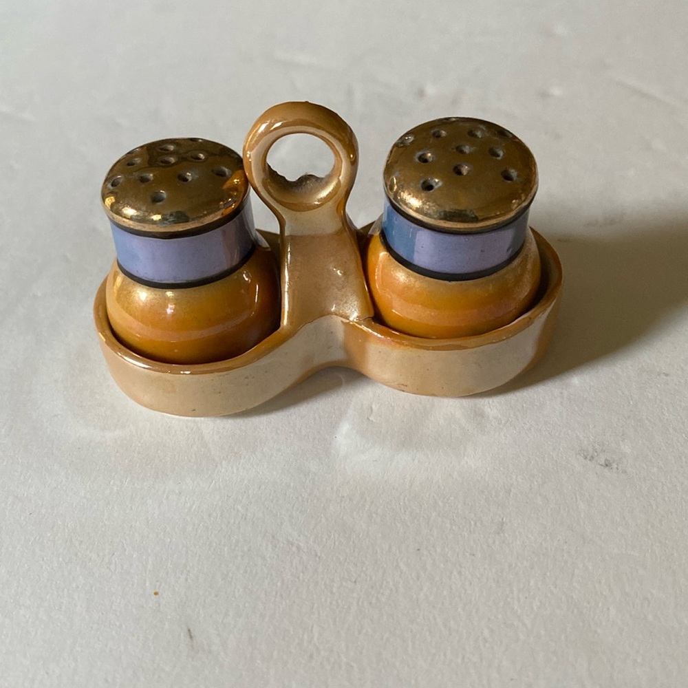 Vintage Japanese lustre ware peach and blue salt and pepper